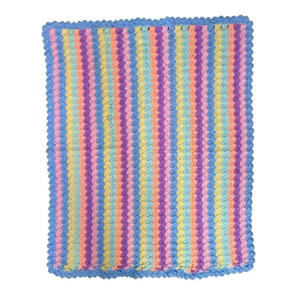 VTG1970s Hand Crocheted Pastel Stripe Baby Blanket Afghan Shell Stitch 34x41